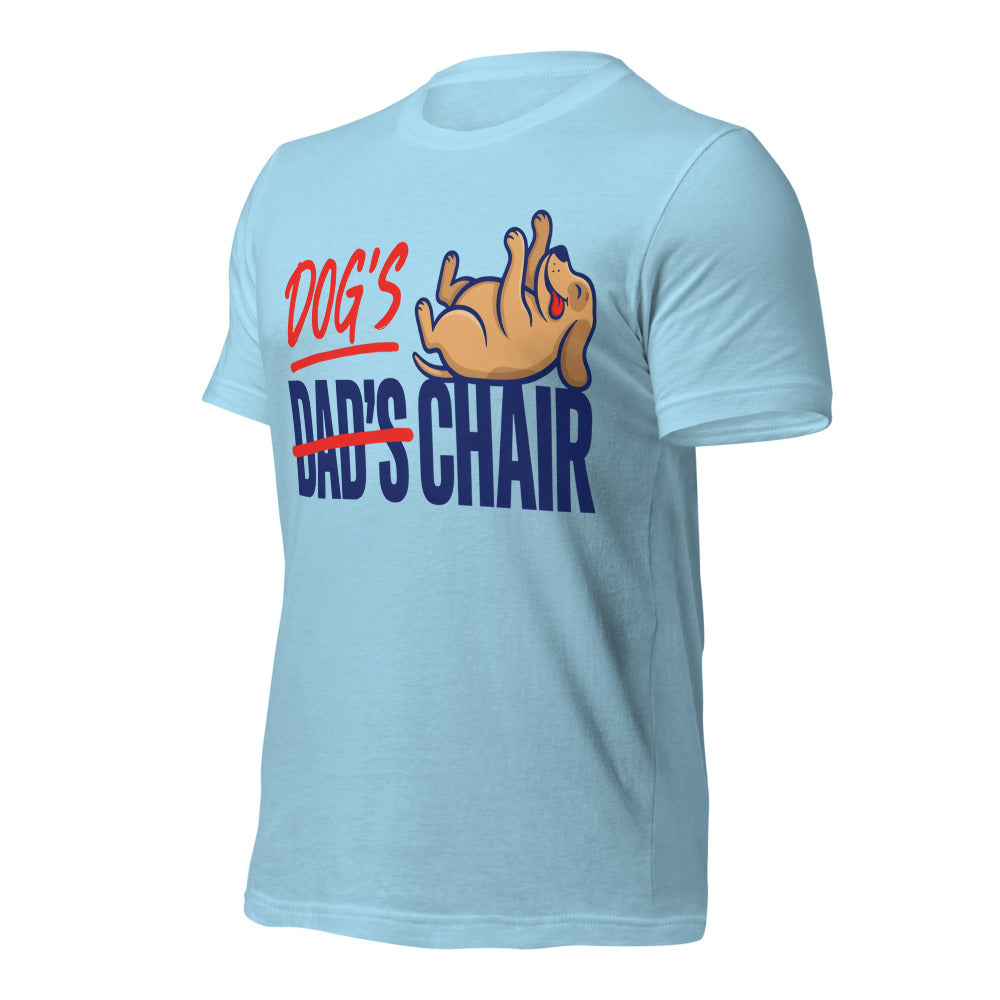 Dog's Chair funny dog dad tee — Ocean Blue, front-right