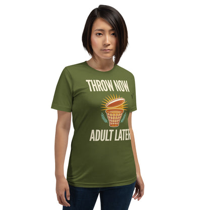 Throw Now Adult Later disc golf retro tee on model — Olive