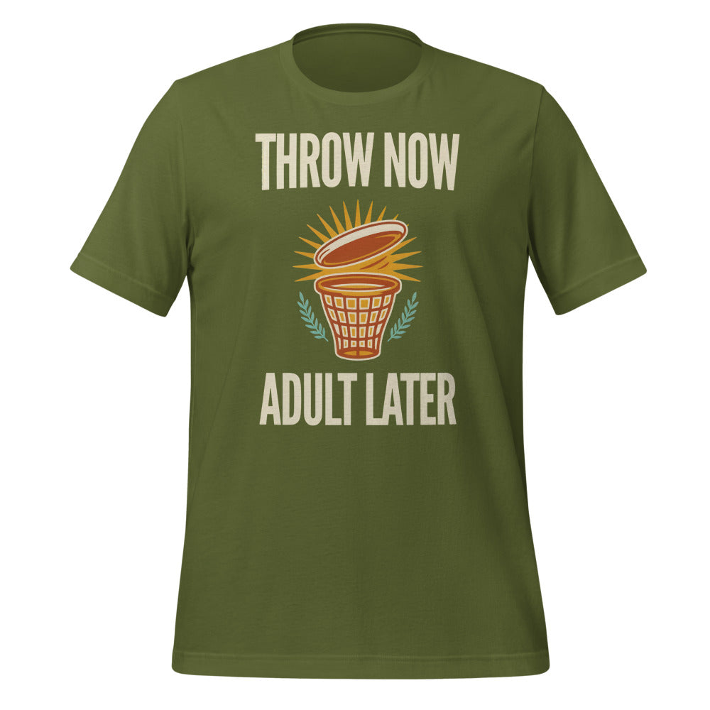 Funny disc golf shirt, Throw Now Adult Later disc golf retro tee — Olive, front