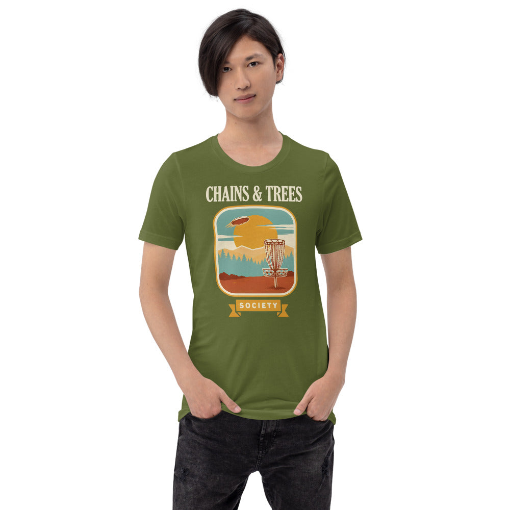 Chains & Trees Society disc golf retro landscape tee — Olive, model