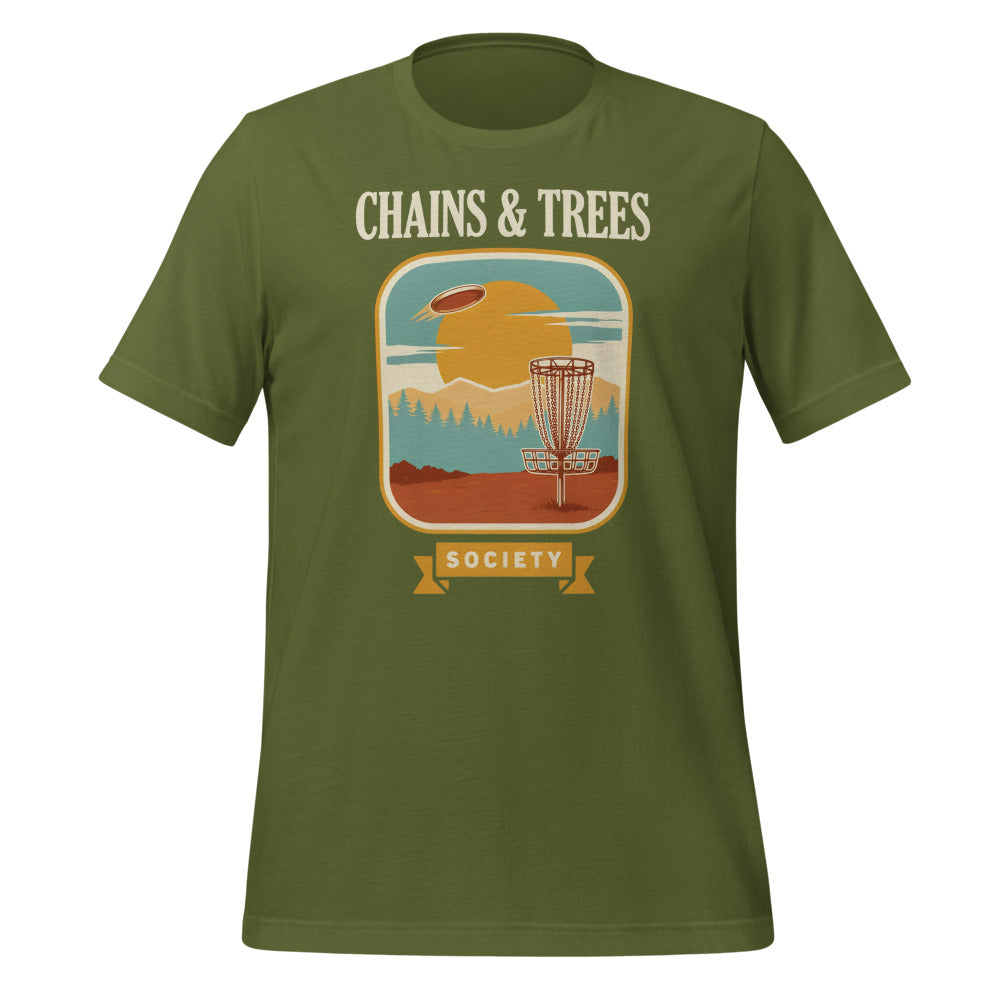 Chains & Trees Society disc golf retro landscape tee — Olive, front