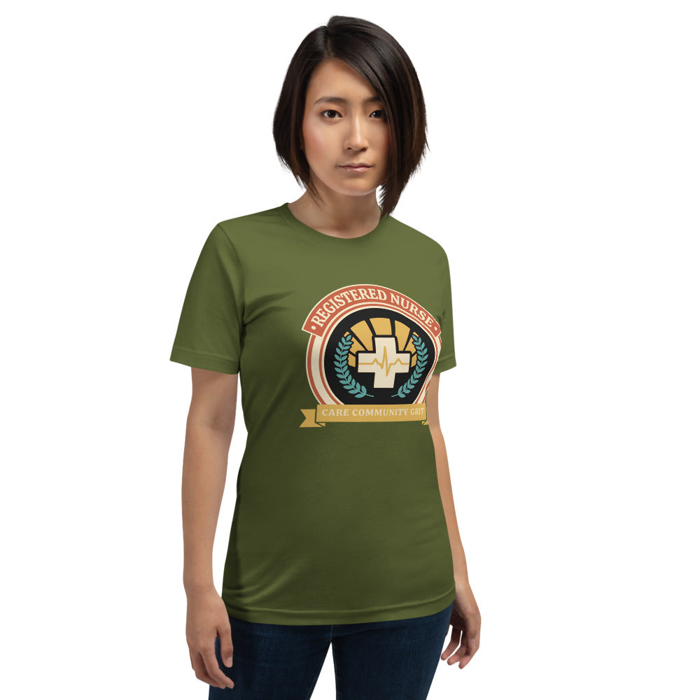 Registered Nurse vintage healthcare emblem badge tee — Olive, on model