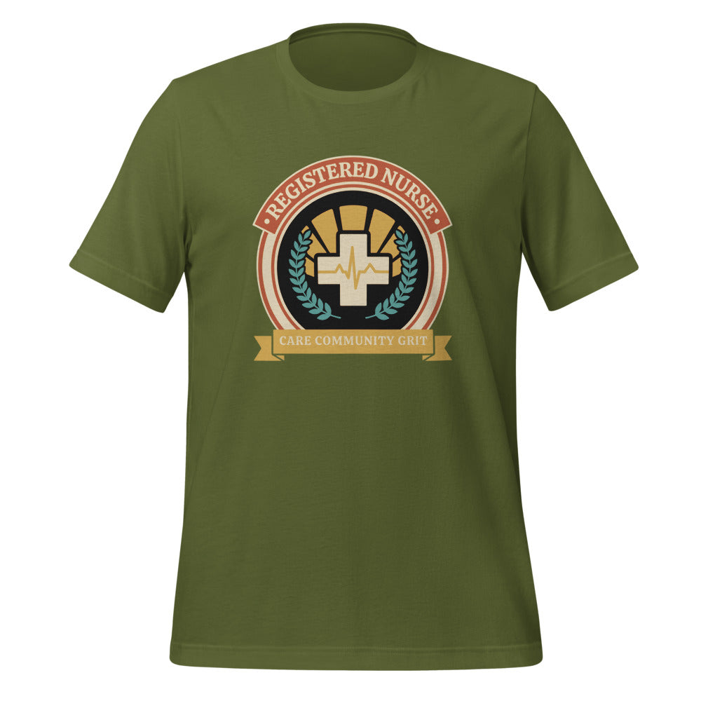 Registered Nurse vintage healthcare emblem badge tee — Olive, front