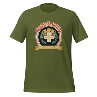 Registered Nurse vintage healthcare emblem badge tee — Olive, front
