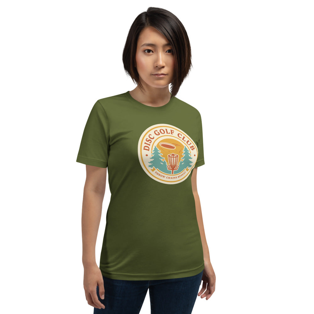 Disc Golf Club retro badge tee — Olive, on model