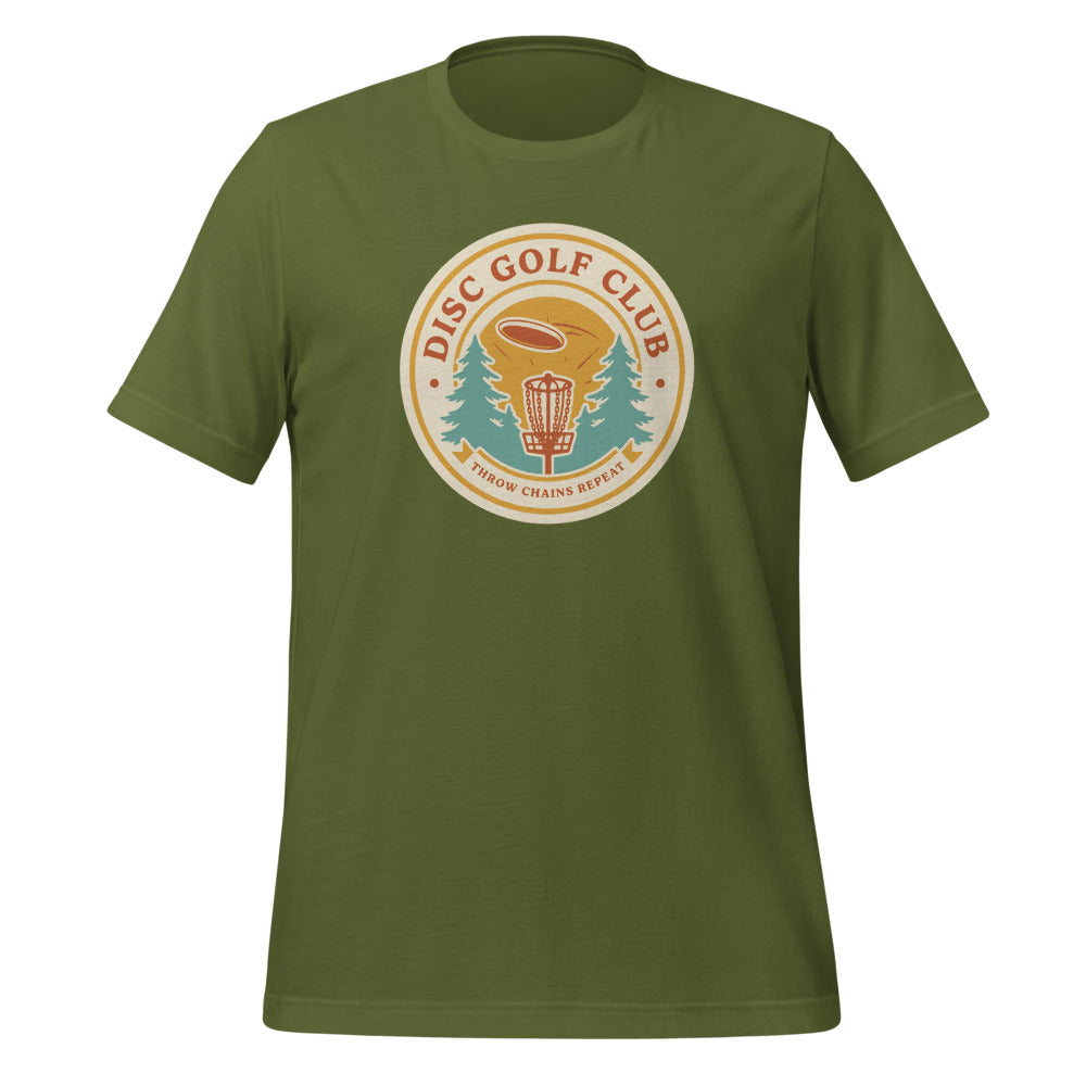 Disc Golf Club retro badge tee — Olive, front