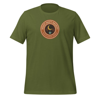 Night Shift Society retro registered nurse badge tee — Olive, front