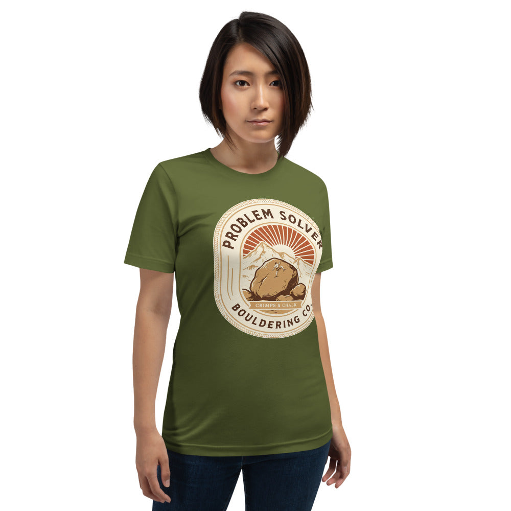 Problem Solver Bouldering Badge t-shirt — Olive, on model