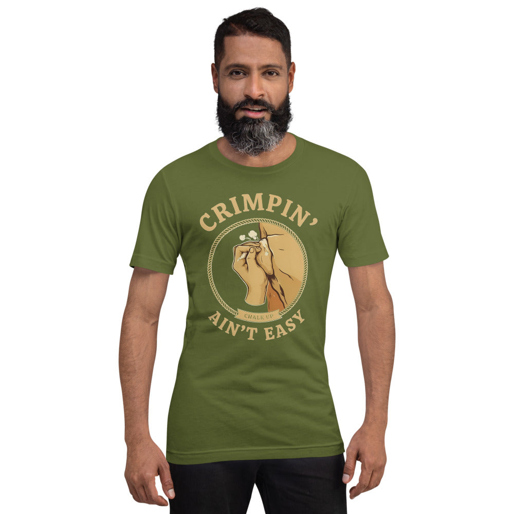 Crimpin' Ain't Easy bouldering badge t-shirt — Olive, on model