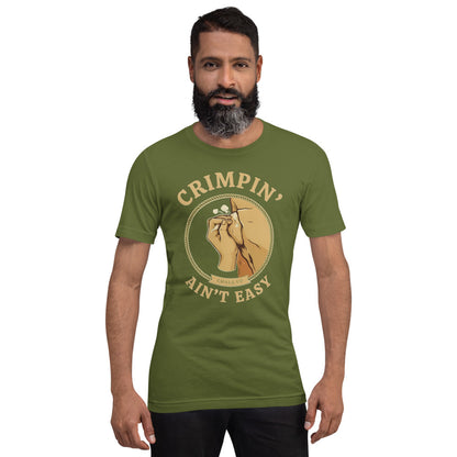 Crimpin' Ain't Easy bouldering badge t-shirt — Olive, on model