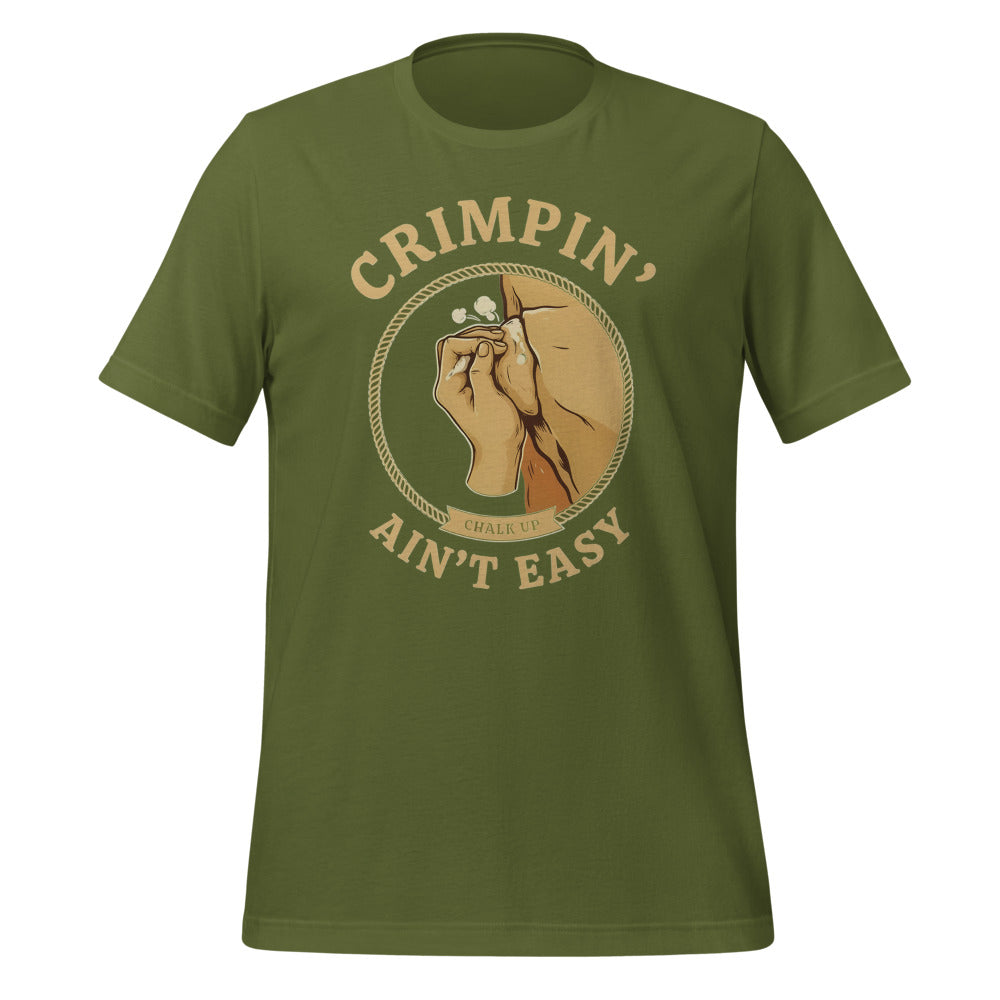 Crimpin' Ain't Easy bouldering badge t-shirt — Olive, front