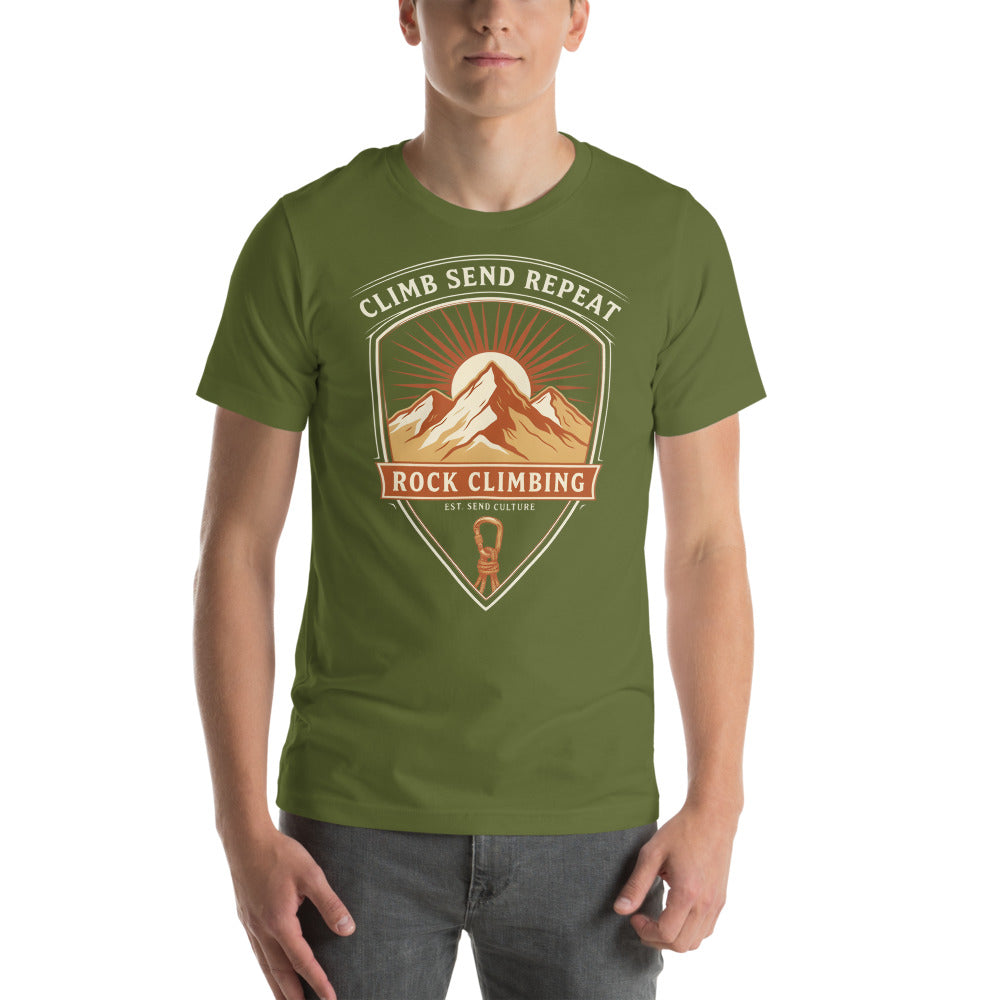 Climb Send Repeat mountaineering crest t-shirt — Olive, on model
