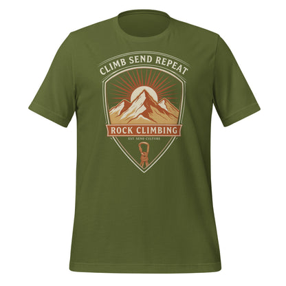 Climb Send Repeat mountaineering crest t-shirt — Olive, front