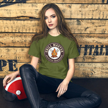 Grill Master retro backyard smokehouse tee — Olive, on model