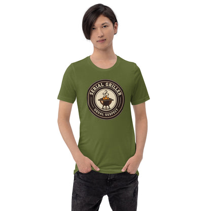 Serial Griller funny BBQ tee — Olive, on model