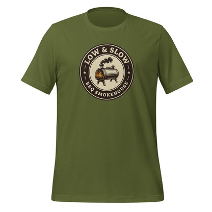 Low & Slow BBQ smoker tee — Olive, front