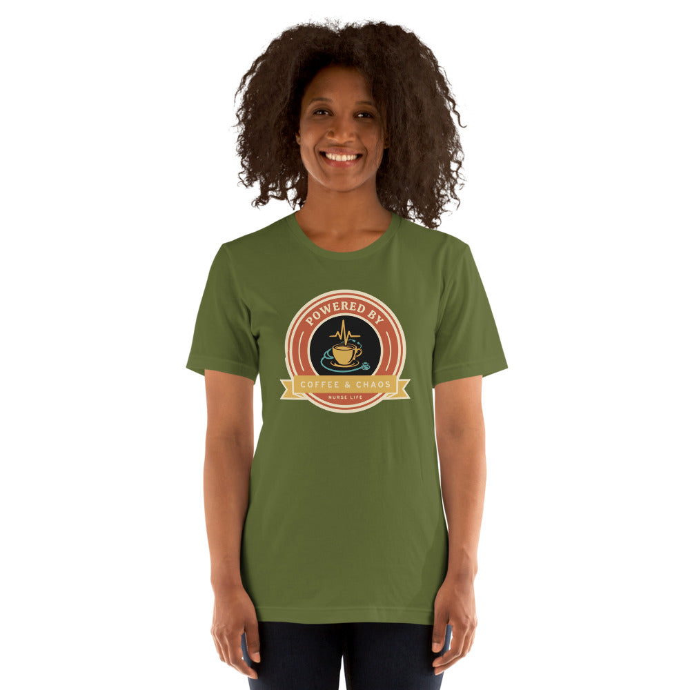 Powered by Coffee & Chaos retro nurse badge tee — Olive, on model