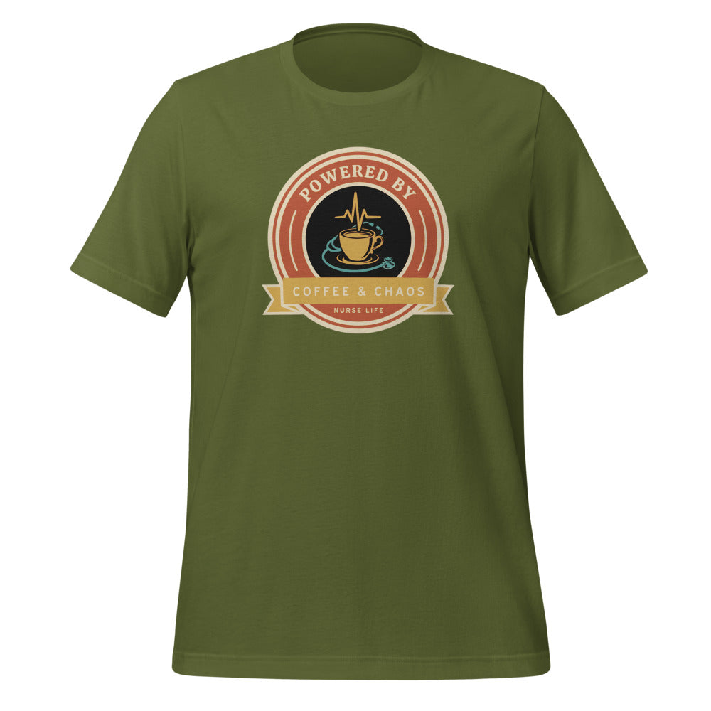 Powered by Coffee & Chaos retro nurse badge tee — Olive, front