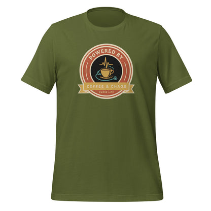 Powered by Coffee & Chaos retro nurse badge tee — Olive, front