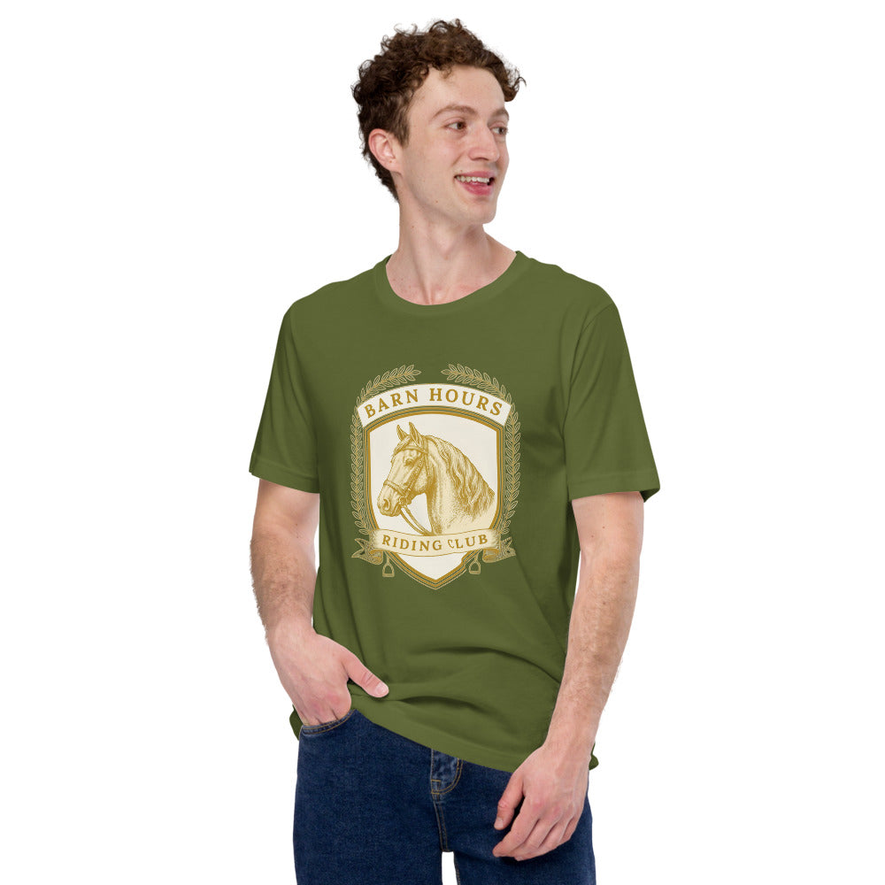 Barn Hours Riding Club vintage equestrian stable crest t-shirt — Olive, on model