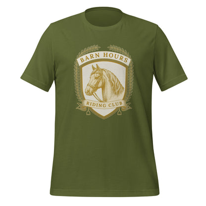 Barn Hours Riding Club vintage equestrian stable crest t-shirt — Olive, front
