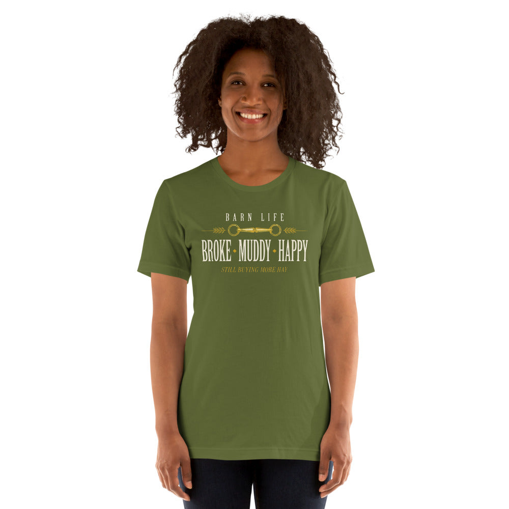 Broke Muddy Happy funny barn life equestrian t-shirt — Olive, on model