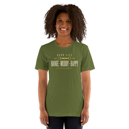 Broke Muddy Happy funny barn life equestrian t-shirt — Olive, on model