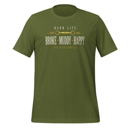 Broke Muddy Happy funny barn life equestrian t-shirt — Olive, front