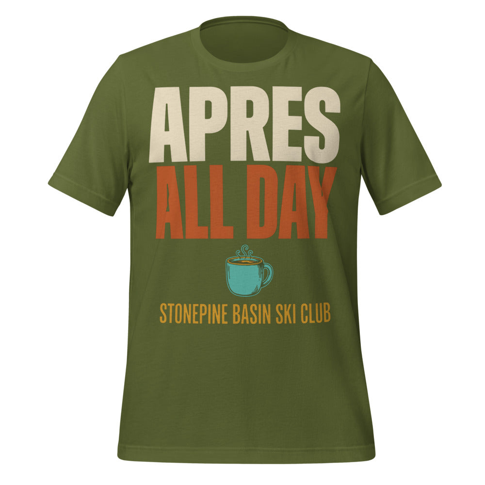 Après All Day Stonepine Basin Ski Club retro apres-ski t-shirt — Olive, front