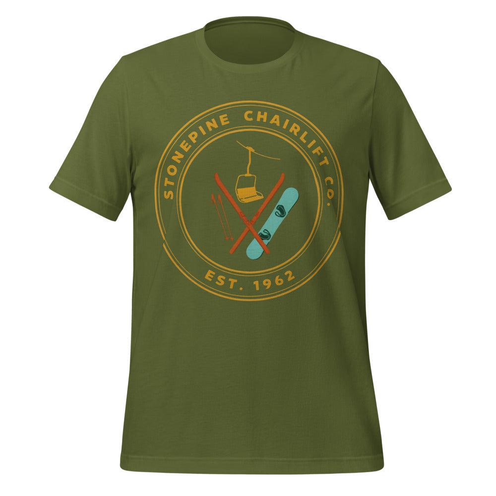 Stonepine Chairlift Co. retro vintage ski club badge t-shirt — Olive, front