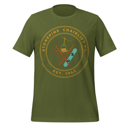 Stonepine Chairlift Co. retro vintage ski club badge t-shirt — Olive, front