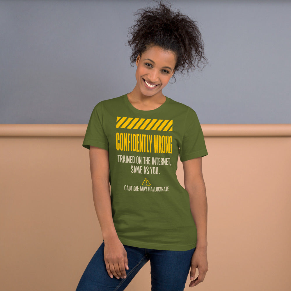 Confidently Wrong AI hazard-label unisex t-shirt — Olive, on model