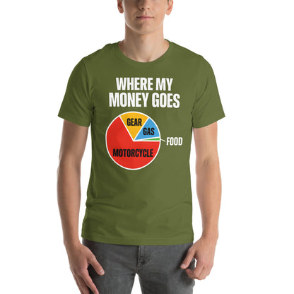 Where My Money Goes funny motorcycle tee — Olive, on model