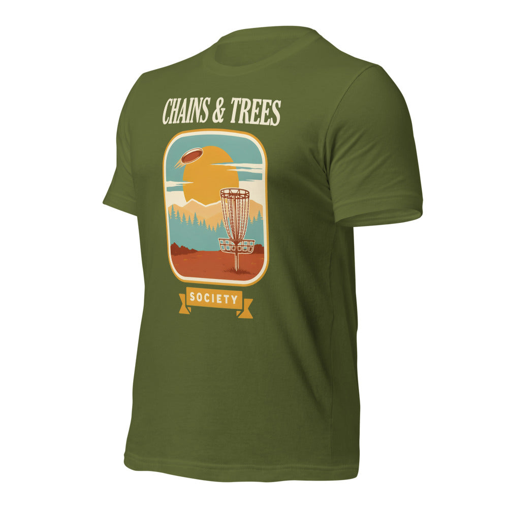 Chains & Trees Society disc golf retro landscape tee — Olive, front right