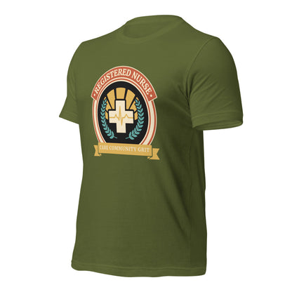 Registered Nurse vintage healthcare emblem badge tee — Olive, front-right