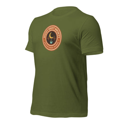 Night Shift Society retro registered nurse badge tee — Olive, front-right