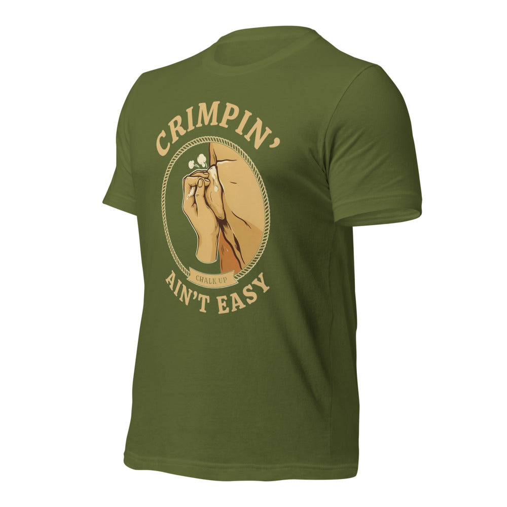 Crimpin' Ain't Easy bouldering badge t-shirt — Olive, front-right