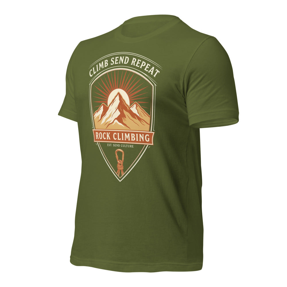 Climb Send Repeat mountaineering crest t-shirt — Olive, front-right