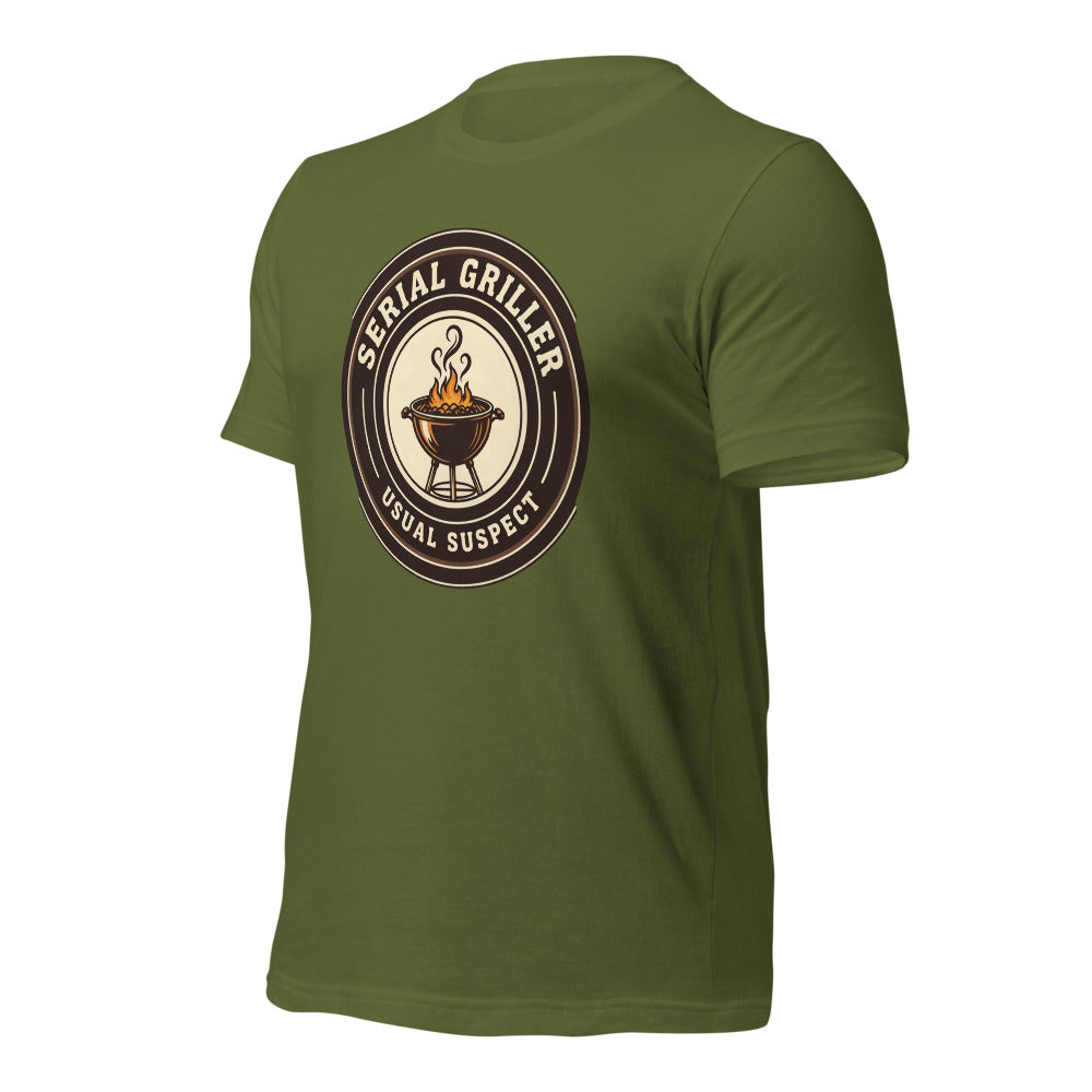 Serial Griller funny BBQ tee — Olive, front-right
