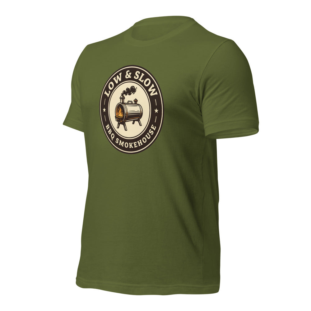 Low & Slow BBQ smoker tee — Olive, front-right