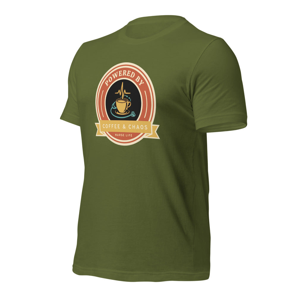 Powered by Coffee & Chaos retro nurse badge tee — Olive, front-right