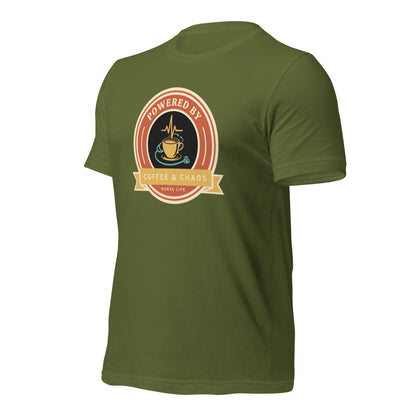 Powered by Coffee & Chaos retro nurse badge tee — Olive, front-right