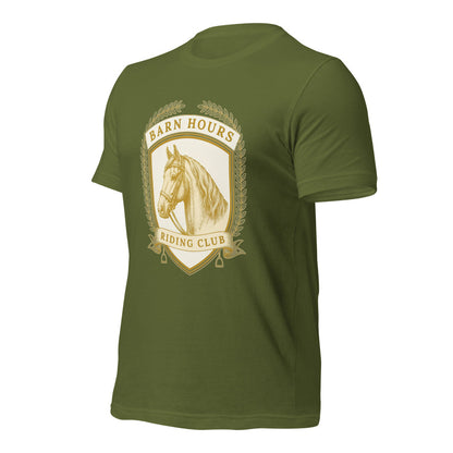 Barn Hours Riding Club vintage equestrian stable crest t-shirt — Olive, front-right