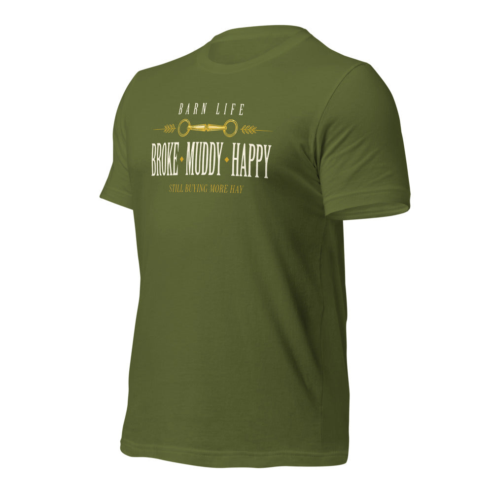 Broke Muddy Happy funny barn life equestrian t-shirt — Olive, front-right