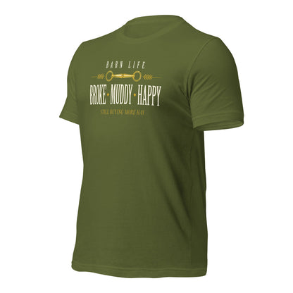 Broke Muddy Happy funny barn life equestrian t-shirt — Olive, front-right
