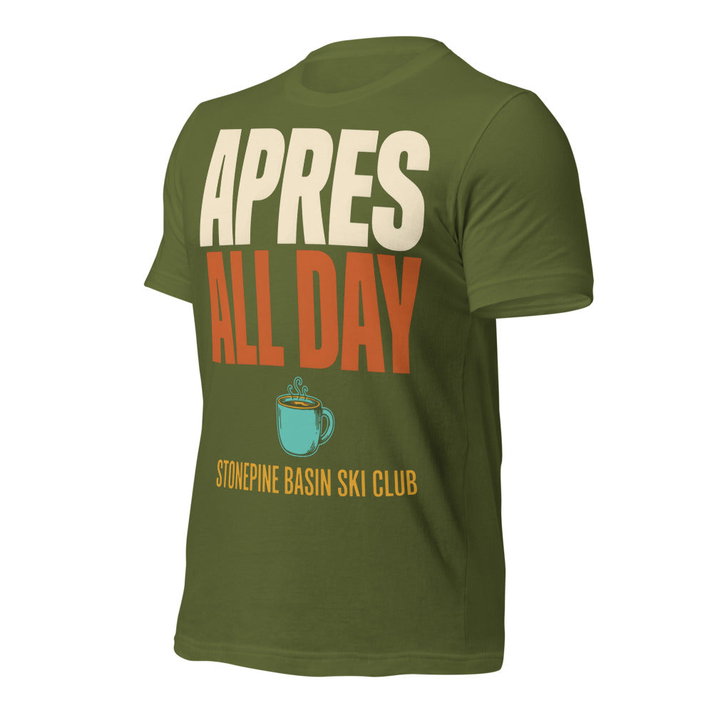 Après All Day Stonepine Basin Ski Club retro apres-ski t-shirt — Olive, front-right
