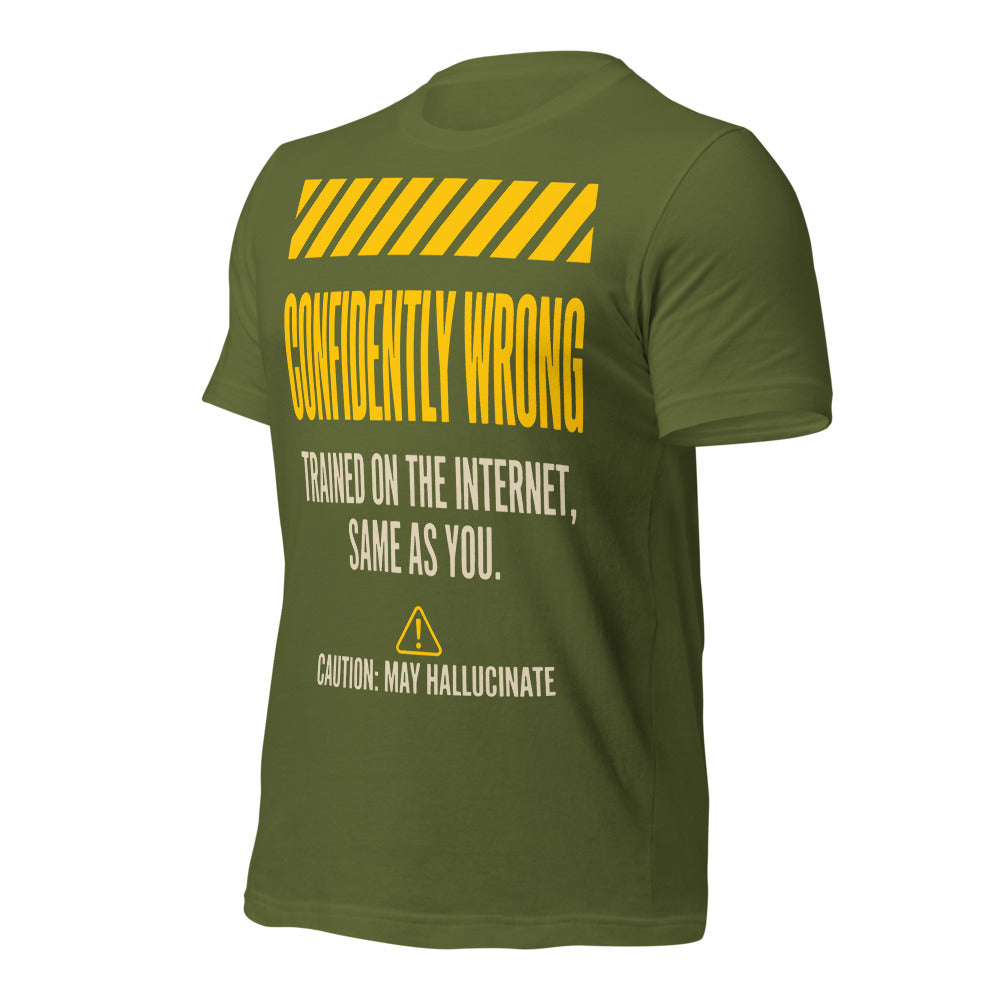 Confidently Wrong AI hazard-label unisex t-shirt — Olive, front-right