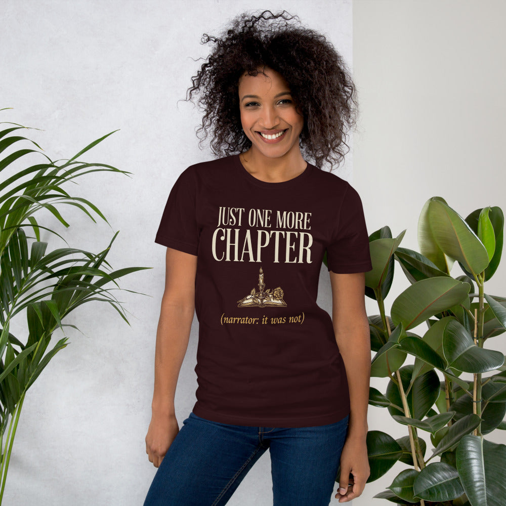 Just One More Chapter book lover dark academia tee — Oxblood Black, on model