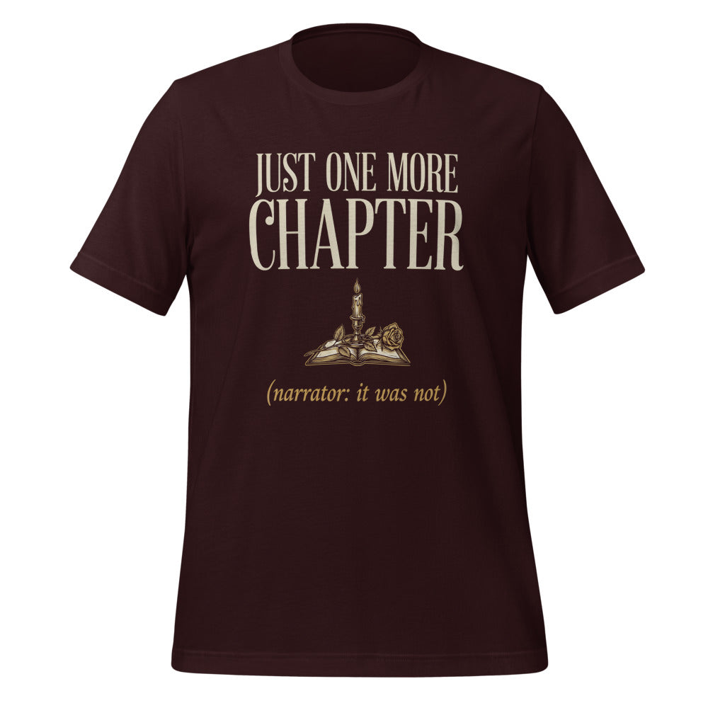 Just One More Chapter book lover dark academia tee — Oxblood Black, front