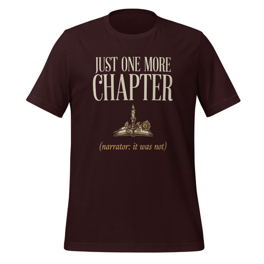Just One More Chapter book lover dark academia tee — Oxblood Black, front